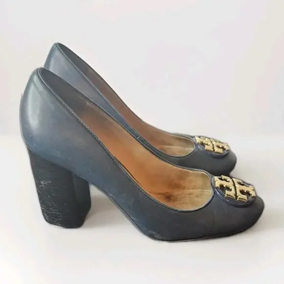 Women's Tory Burch JANEY Leather Block Heel Pumps Size 6.5 Navy 50MM - Picture 3 of 7
